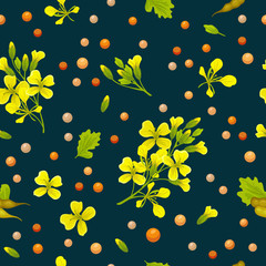 Seamless background of flower, seeds and leaves mustard. Vector illustration.