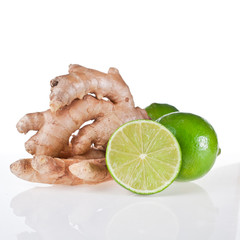 Lime and ginger root isolated on a white background.