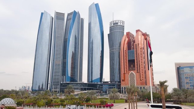 Abu Dhabi, United Arab Emirates - November 1, 2019: Abu Dhabi downtown with Etihad tower skyscrapers rising high in the United Arab Emirates capital travel and leisure location