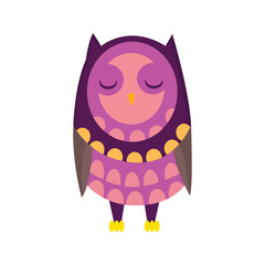 Cute funny owl with eyes closed. Forest bird. Decorative and style toy, doll. Happy and joyful bird in flat style. Isolated children cartoon illustration, for print or sticker