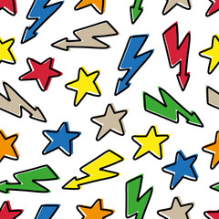 Bright multi-colored stars and lightnings isolated on white background. Cute childish seamless pattern. Hand drawn vector graphic illustration. Texture.