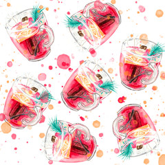 christmas drink pattern, illustration isolated on white background. mulled wine or hibiscus tea with spices, orange, cinnamon stick and some decoration