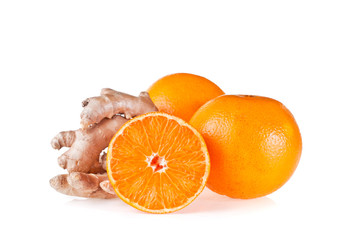 Orange and ginger root isolated on a white background.