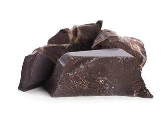 Pieces of dark chocolate isolated on white