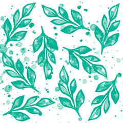 watercolor green watercolor leaves pattern isolated on white background with watercolor splashes