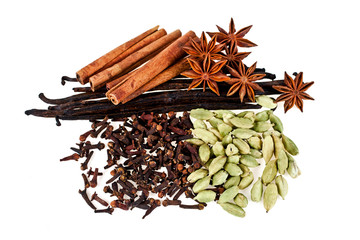 Bourbon vanilla pods with cinnamon sticks, star anise, clove and green cardamom isolated on a white background. Top view.