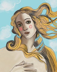 birth of venus illustration. sandro boticheli. beautiful blond woman. italian girl. Modern art. Hand drawn © Tati