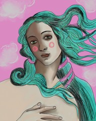 birth of venus illustration. sandro boticheli. beautiful blond woman. italian girl. Modern art. Hand drawn  © Tati