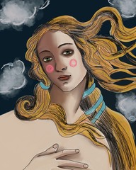 birth of venus illustration. sandro boticheli. beautiful blond woman. italian girl. Modern art. Hand drawn © Tati