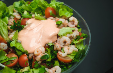 Shrimp and white bean salad. View from above, top studio shot