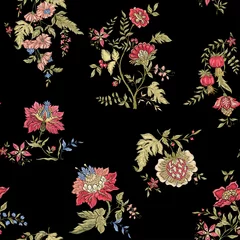 Dekokissen Seamless pattern with stylized ornamental flowers in retro, vintage style. Jacobin embroidery imitation. Colored vector illustration on black background. © Elen  Lane