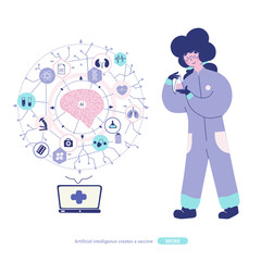 Artificial intelligence, development of vaccine formula drugs, flat cartoon illustration.