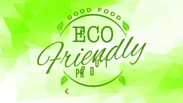 good healthy food sign from long life eco friendly products company with green letters over abstract geometric background
