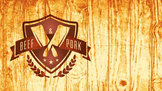 beef and pig meat butcher store branding with dagger and grain component engraved on shining wooden scene