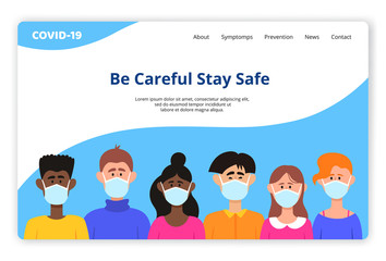Vector template of website with different people in protective mask.