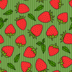 Strawberries hand-drawing on green striped seamless pattern. Vector endless design with ripe red cartoon style berries. Fresh summer tasty abstract background - 350357192