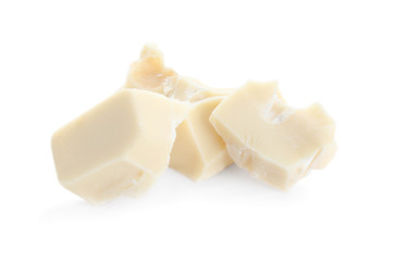 Pieces of delicious chocolate isolated on white