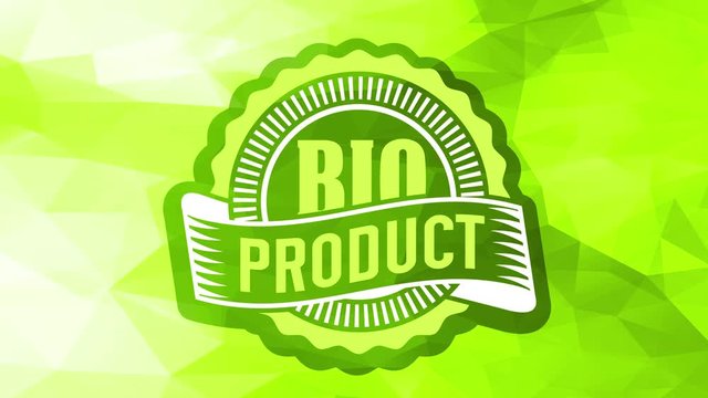 small healthy fresh bio food product symbol pasted in right bottom corner of green abstract triangular pattern background