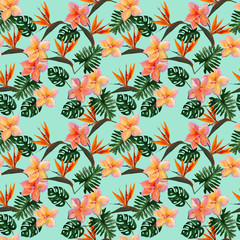 Seamless tropical pattern with plumeria and strelitzia with leaves on green background. Seamless pattern with colorful leaves of colocasia, filodendron, monstera. Exotic wallpaper. Hawaiian style © Olena