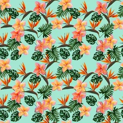 Foto op Plexiglas Seamless tropical pattern with plumeria and strelitzia with leaves on green background. Seamless pattern with colorful leaves of colocasia, filodendron, monstera. Exotic wallpaper. Hawaiian style © Olena