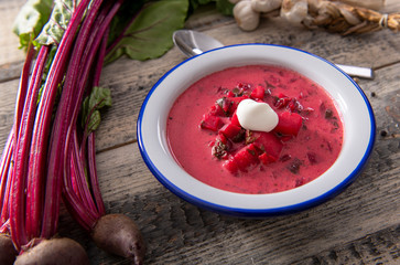 Tasty homemade beetroot soup close up