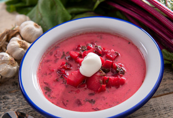 Tasty homemade beetroot soup close up