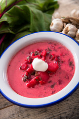 Tasty homemade beetroot soup close up