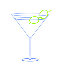 martini cocktail glass with tasty green olives  isolated on white background.  vector illustration. delicious drink with decorations