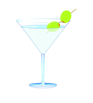 martini cocktail glass with tasty green olives  isolated on white background.  vector illustration. delicious drink with decorations