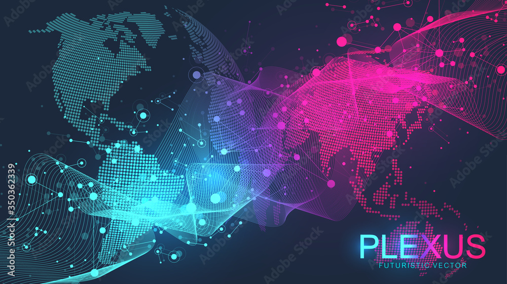 Fototapete Abstract geometric background with dynamic particles, wave flow. Big data, plexus stream background. Perspective data visualization with fractal elements. Cyberpunk style. Digital vector illustration.