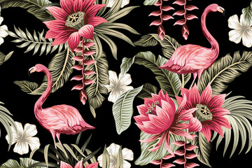 Tropical vintage pink flamingo, pink lotus, white hibiscus flower, palm leaves floral seamless pattern black background. Exotic jungle wallpaper. - obrazy, fototapety, plakaty