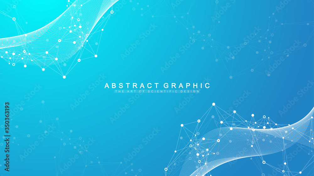 Fototapete Abstract dynamic motion lines and dots background with colorful particles. Digital streaming background, wave flow. Plexus stream background. Big Data technology, vector illustration