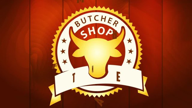 farm meat food industry business butcher store with first class rounded emblem on wooden texture background and cow head