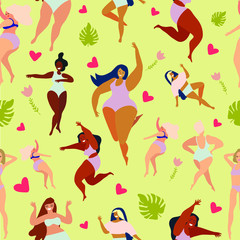 Happy girls. Body positive movement and beauty diversity. Seamless pattern. Vector illustration. 