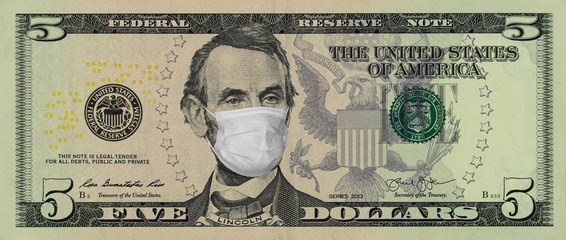 COVID-19 coronavirus in USA. Five American dollars