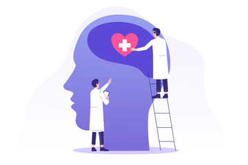 Support mental health medical treatment concept. Psychotherapists or specialist doctors working together on big human head, psychological counseling. Therapy session. Isolated vector illustration