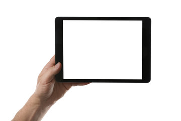 Man holding tablet computer with blank screen on white background, closeup. Modern gadget