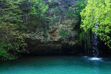 Blue lake on the island. New Zealand, Rotorua, View of Blue Lake