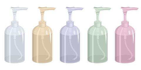 Plastic bottle with air pump dispenser. Different colors. Hygiene. Empty container for liquid gel, soap, lotion, cream, shampoo. Protective. Colors plastic bottle. Medical. Soap container.