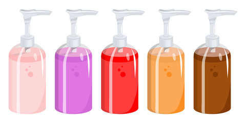 Different colors of liquid soap. Plastic bottle with dispenser airless pump. Full container with liquid gel, soap, lotion, cream, shampoo. Different bottle of soap with various aromas.