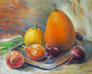 Pumpkins and onions, autumn vegetables, oil painting