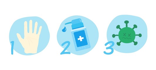 The instruction guide of use hand sanitizer gel for kill coronavirus and clean yourself. Hand, sanitizer gel, and virus with step guide. Concept of self-care in coronavirus/COVID-19.