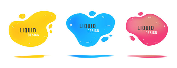 Liquid abstract vector shape illustration for banner design background. Modern fluid graphic element template for poster in yellow, blue and red colors with mesh gradient and memphis. EPS 10