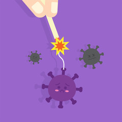 The hand is ignited the fire to the sad coronavirus with dead-virus beside it. Concept of win coronavirus, COVID-19