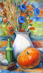 Still life with autumn flowers and pumpkins, oil painting