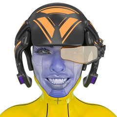 super cyborg girl doing a happy smile for her id profile