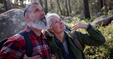 Close up senior couple looking at the sky on forest - Powered by Adobe