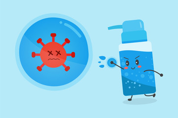 Cute cartoon hand sanitizer gel is use dropping skill power to kill the coronavirus. Concept of Washing your hand for anti-virus,  Anti-bacteria.