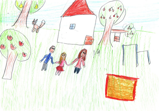 Child's drawing of a happy family on a walk outdoors