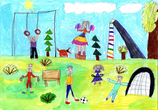 Child drawing of a happy Sports Family with kids,having fun outdoor